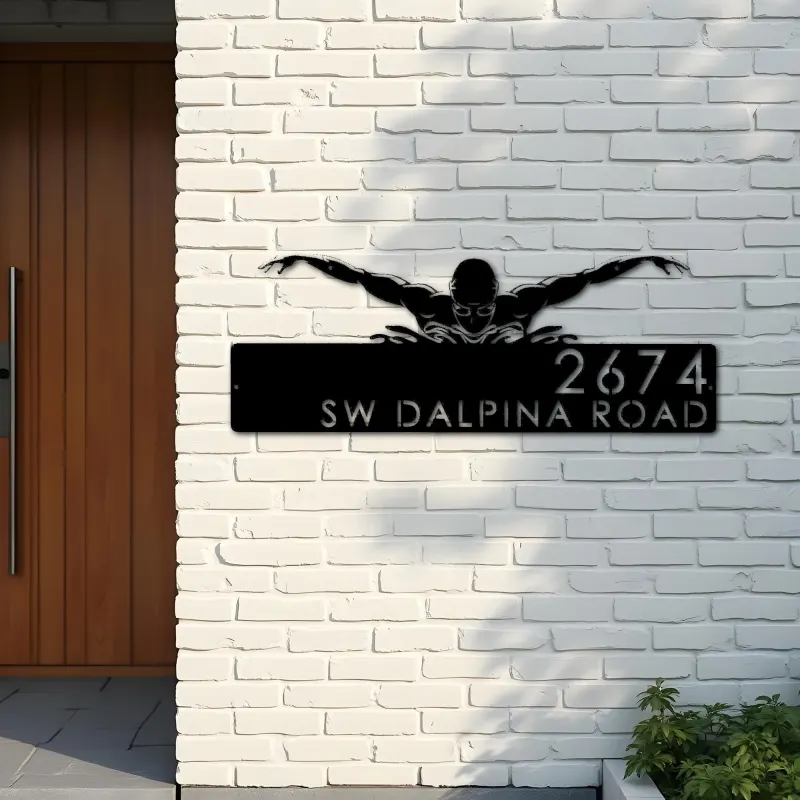 Custom Metal Swimmer Swimming pool summer sport Metal Address Sign, House number, Outdoor Number Signage, Yard Sign Address Plate
