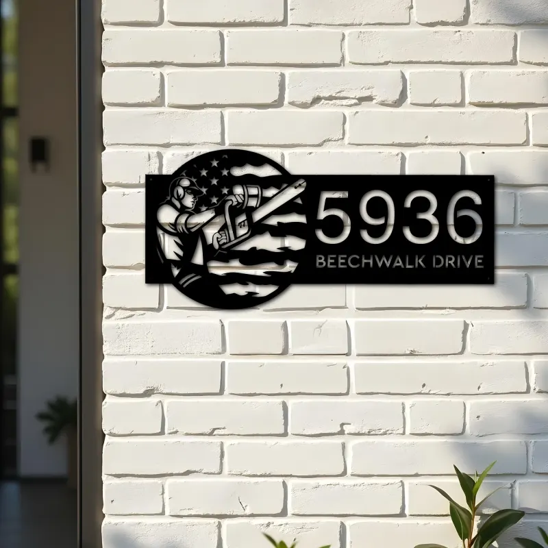 Custom Metal Arborist tree surgeon US flag Metal Address Sign, House number, Outdoor Number Signage, Yard Sign Address Plate