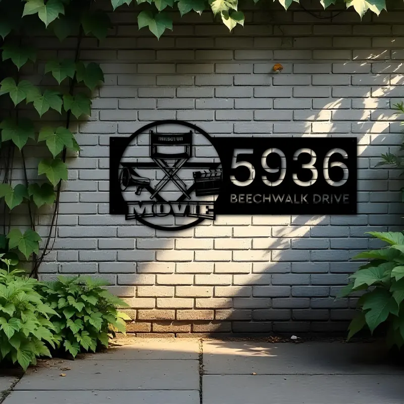 Custom Metal Cinema movie lover Metal Address Sign Custom House number Hanging Address Plaque Yard Sign Outdoor