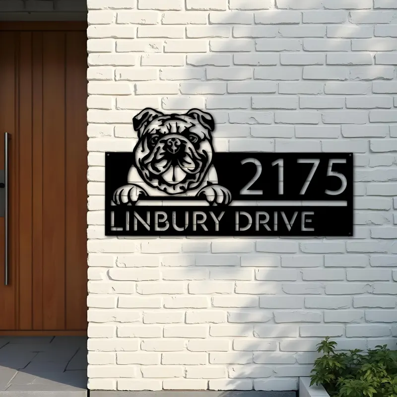Custom Metal English Bulldog dog Puppy Metal Address Sign House number Hanging Address Plaque Yard Sign Outdoor decor