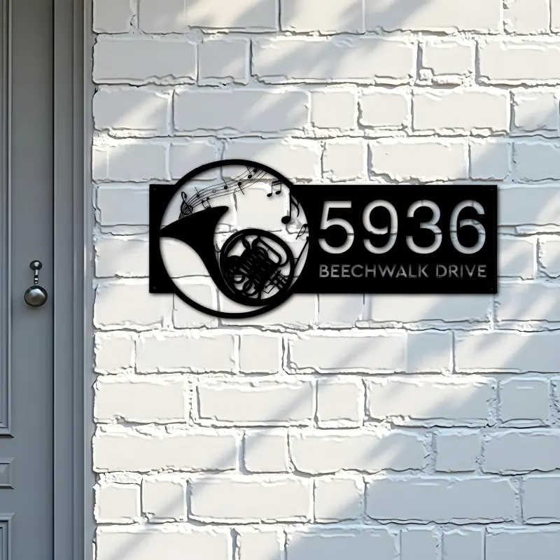 Custom Metal French horn musical instrument Metal Address Sign Custom House number Hanging Address Plaque Yard Sign Outdoor
