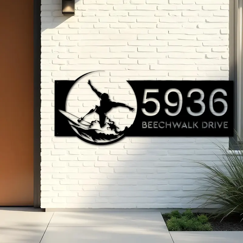 Custom Metal Surfer surfing Metal Address Sign, House number, Outdoor Number Signage, Yard Sign Address Plate