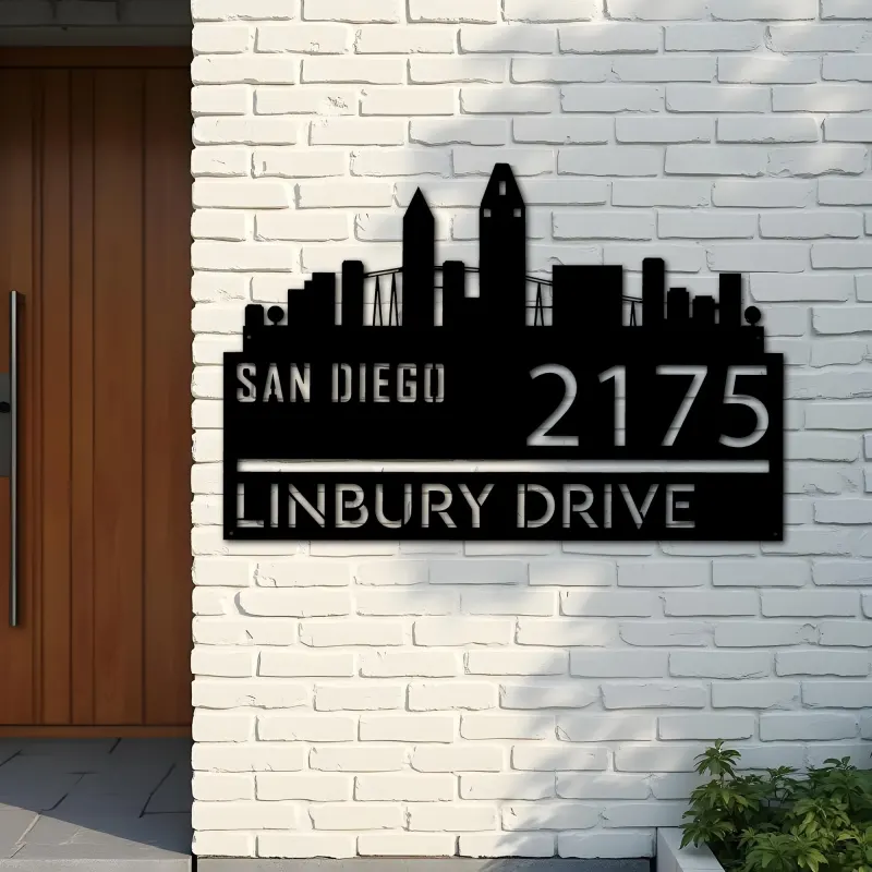 Custom Metal San Diego city skyline Metal Address Sign Hanging Address Plaque house number Yard Outdoor Sign