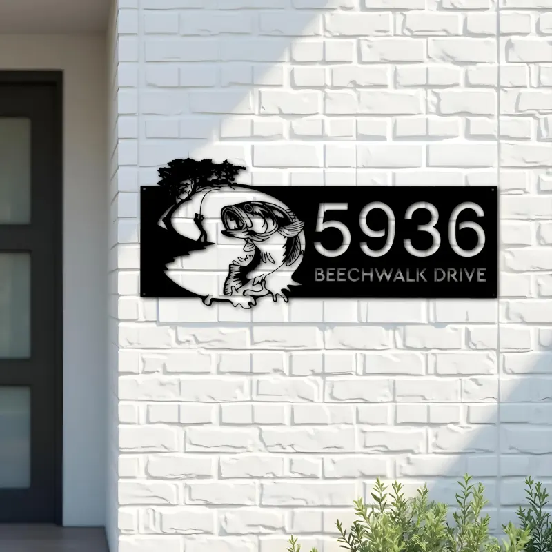 Custom Metal Bass fishing fisherman Metal Address Sign, House number, Outdoor Number Signage, Yard Sign Address Plate001