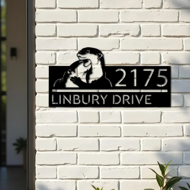 Custom Metal Cute otters couple Metal Address Sign, House number, Outdoor Number Signage, Yard Sign Address Plate