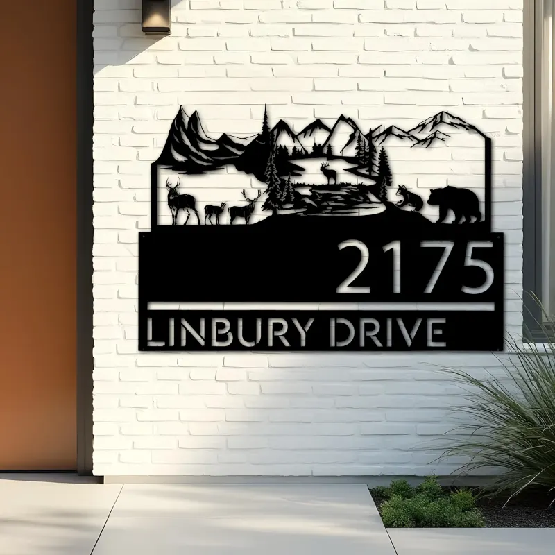 Custom Metal Forest elk deer bear scene Metal Address Sign, House number, Outdoor Number Signage, Yard Sign Address Plate