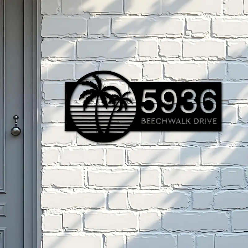 Custom Metal Palm tree sunset Metal Address Sign, House number, Outdoor Number Signage, Yard Sign Address Plate