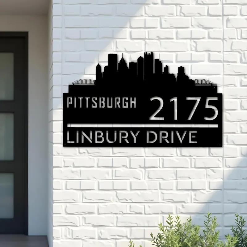 Custom Metal Pittsburgh city skyline Metal Address Sign Hanging Address Plaque house number Yard Outdoor Sign