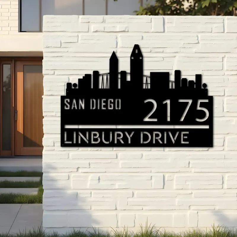 Custom Metal San Diego city skyline Metal Address Sign Hanging Address Plaque house number Yard Outdoor Sign