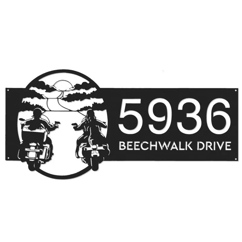 Custom Metal Biker brothers sunset Motocycle rider Metal Address Sign, House number, Outdoor Number Signage, Yard Sign Address Plate