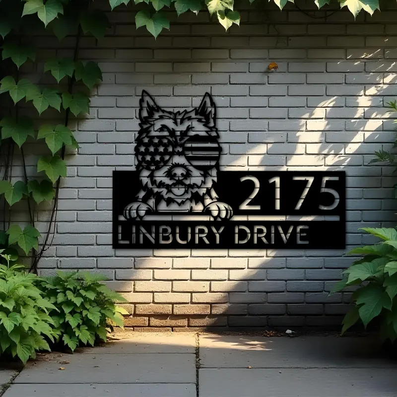 Custom Metal Cairn Terrier dog US flag glasses Metal Address Sign House number Hanging Address Plaque Yard Sign Outdoor decor