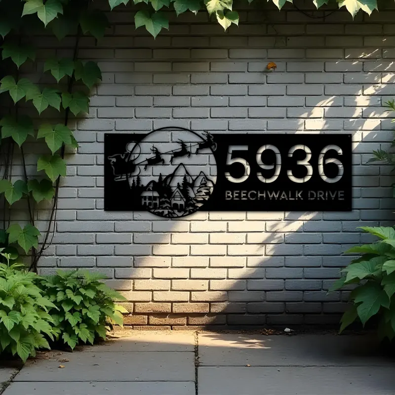 Custom Metal Christmas Santa Claus on sleigh reindeer Metal Address Sign, House number, Outdoor Number Signage, Yard Sign Address Plate