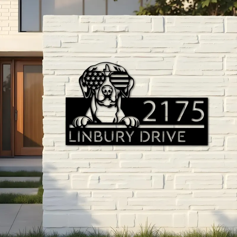 Custom Metal Foxhound dog US flag glasses Metal Address Sign House number Hanging Address Plaque Yard Sign Outdoor decor