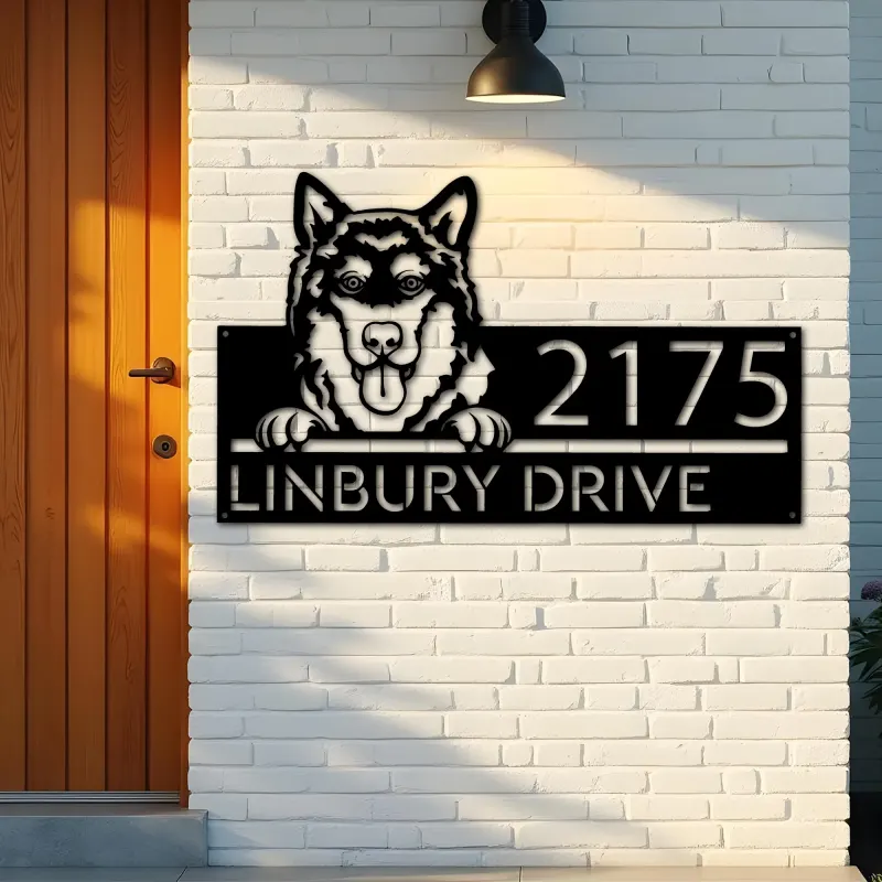 Custom Metal Alaskan Malamute dog cute puppy Metal Address Sign House number Hanging Address Plaque Yard Sign Outdoor decor