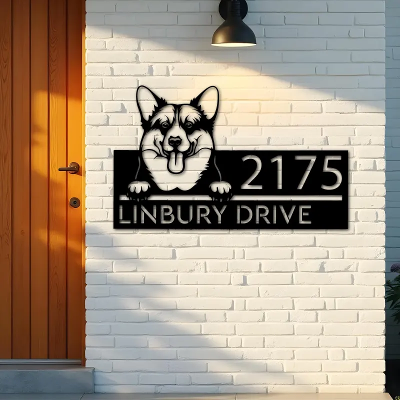 Custom Metal Corgi dog Puppy Metal Address Sign House number Hanging Address Plaque Yard Sign Outdoor decor