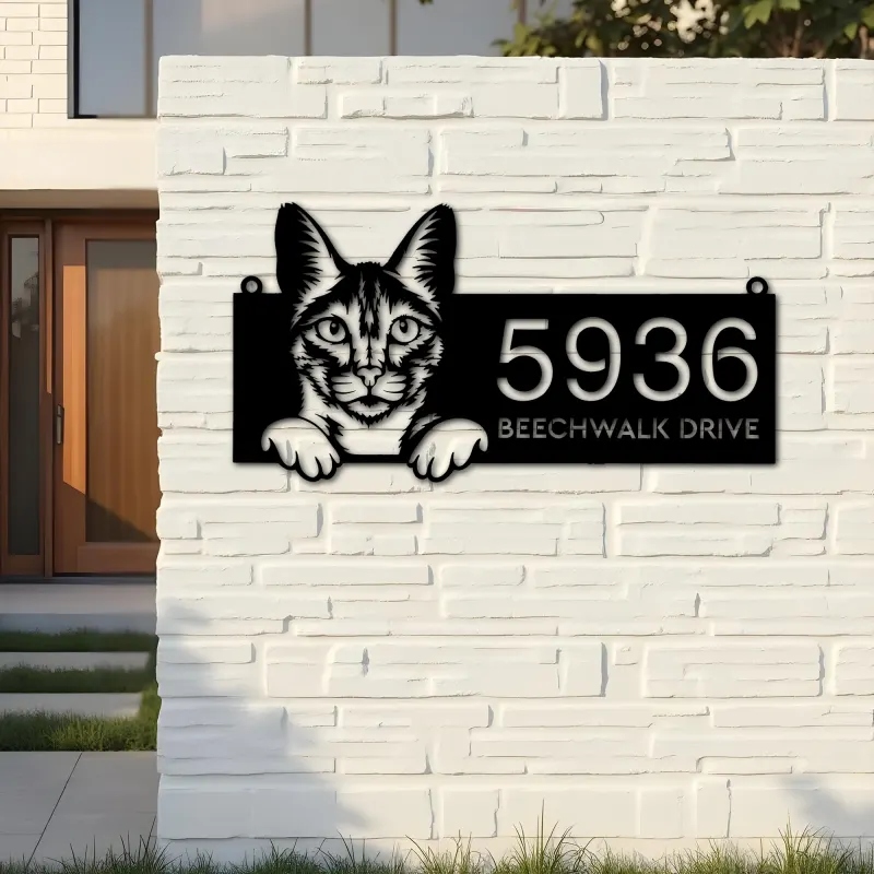 Custom Metal Savannah Cute peeking cat kitten Metal Address Sign, House number, Outdoor Number Signage, Yard Sign Address Plate