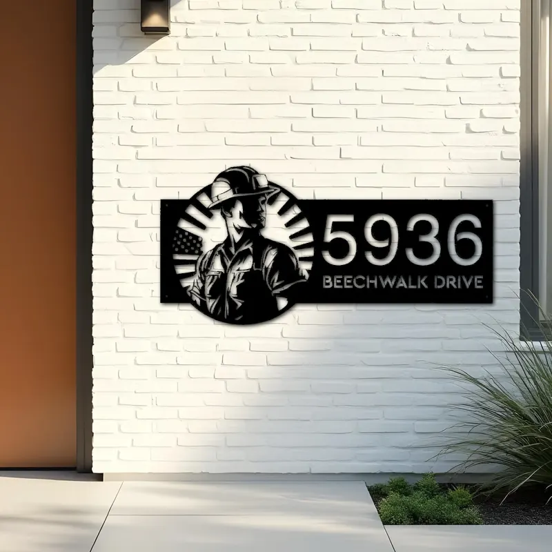 Custom Metal US Construction worker Metal Address Sign, House number, Outdoor Number Signage, Yard Sign Address Plate
