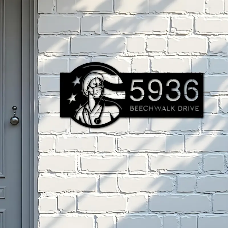 Custom Metal Nurse Looking Up USA Flag Metal Address Sign, House number, Outdoor Number Signage, Yard Sign Address Plate