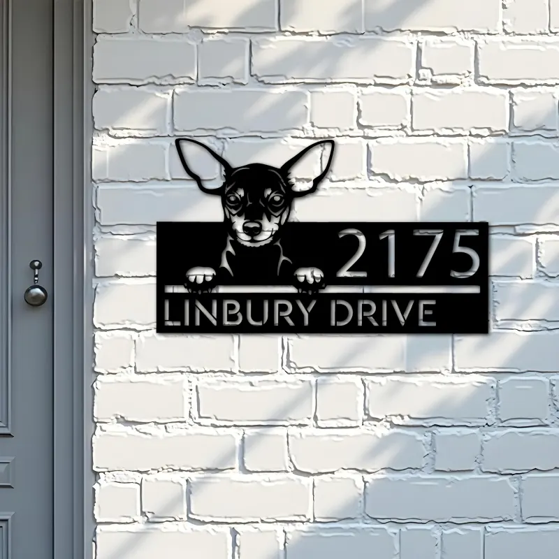 Custom Metal Miniature pinscher dog cute puppy Metal Address Sign House number Hanging Address Plaque Yard Sign Outdoor decor