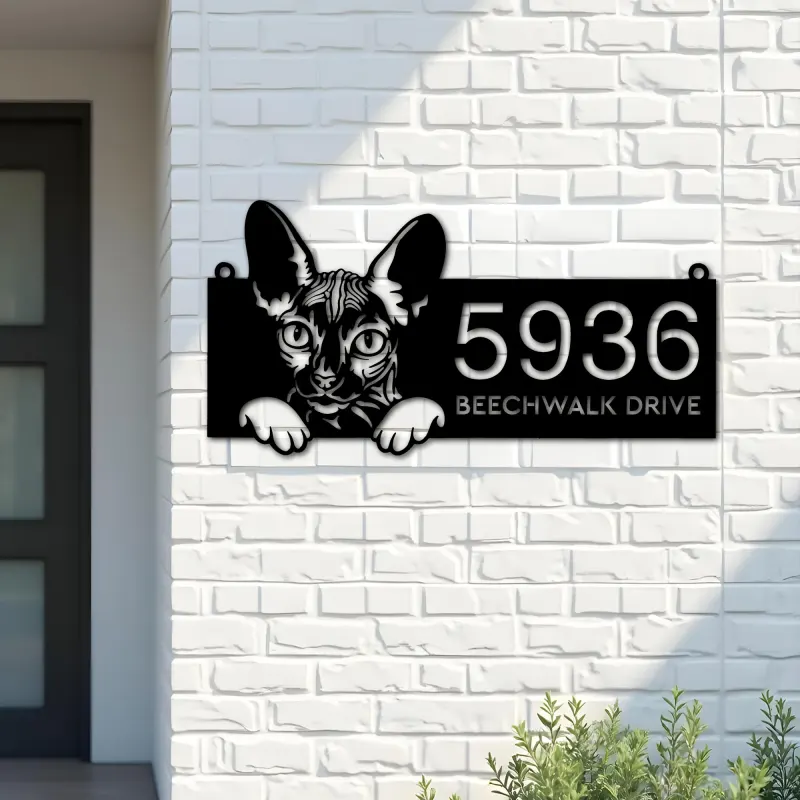 Custom Metal Sphynx Cute peeking cat kitten Metal Address Sign, House number, Outdoor Number Signage, Yard Sign Address Plate
