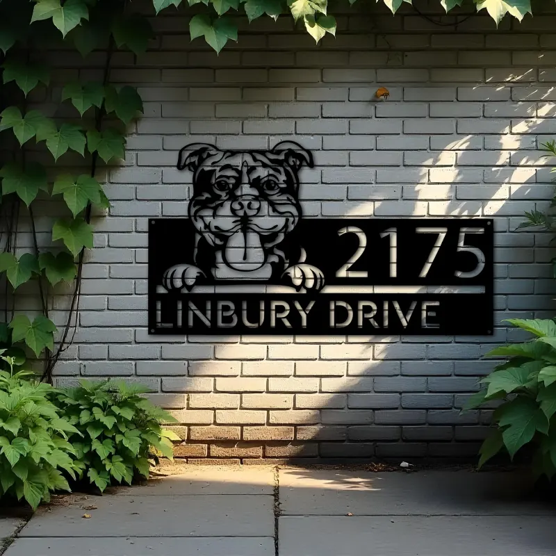 Custom Metal American Bully dog cute puppy Metal Address Sign House number Hanging Address Plaque Yard Sign Outdoor decor
