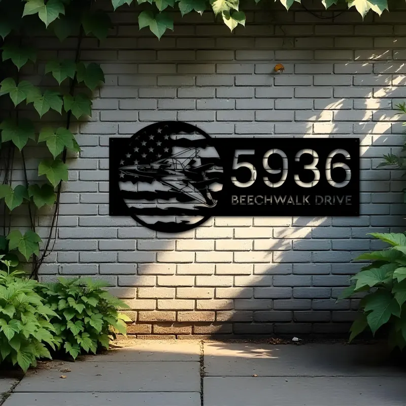 Custom Metal Fighter Jet airplane US flag Metal Address Sign House number Hanging Address Plaque Yard Sign Outdoor