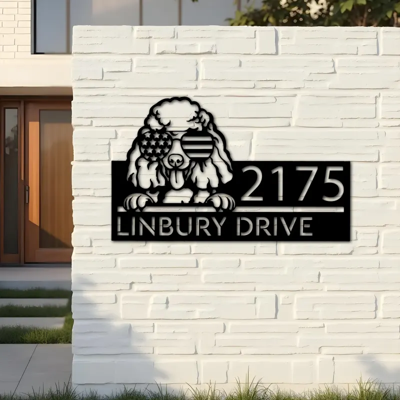 Custom Metal Poodle dog US flag glasses Metal Address Sign House number Hanging Address Plaque Yard Sign Outdoor decor