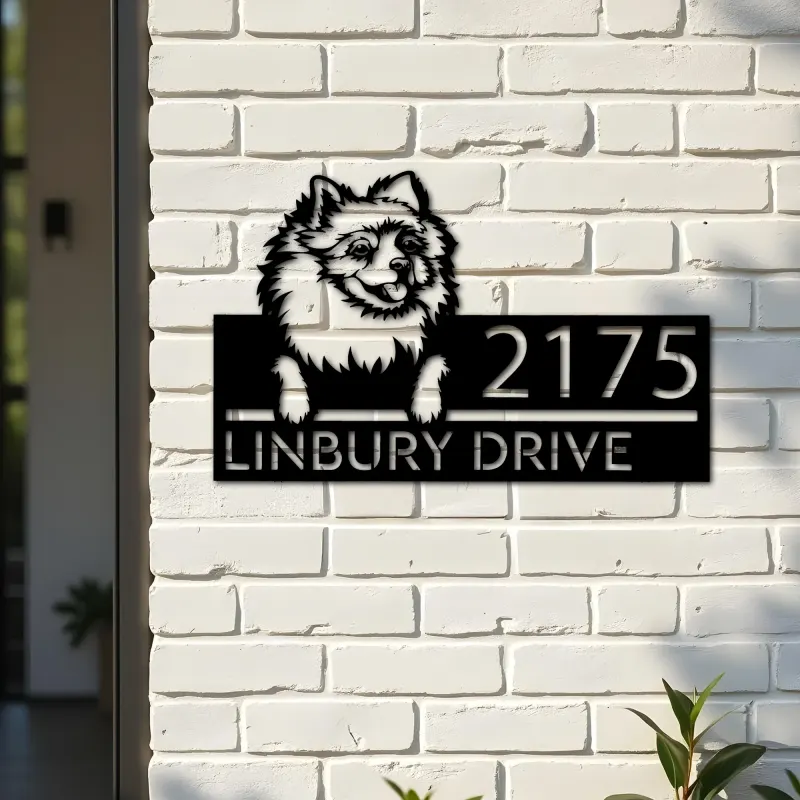 Custom Metal Pomeranian dog Puppy Metal Address Sign House number Hanging Address Plaque Yard Sign Outdoor decor