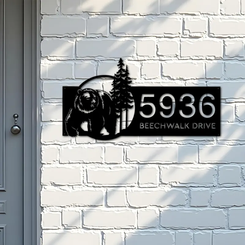 Custom Metal Bear forest scene wild life Metal Address Sign, House number, Outdoor Number Signage, Yard Sign Address Plate