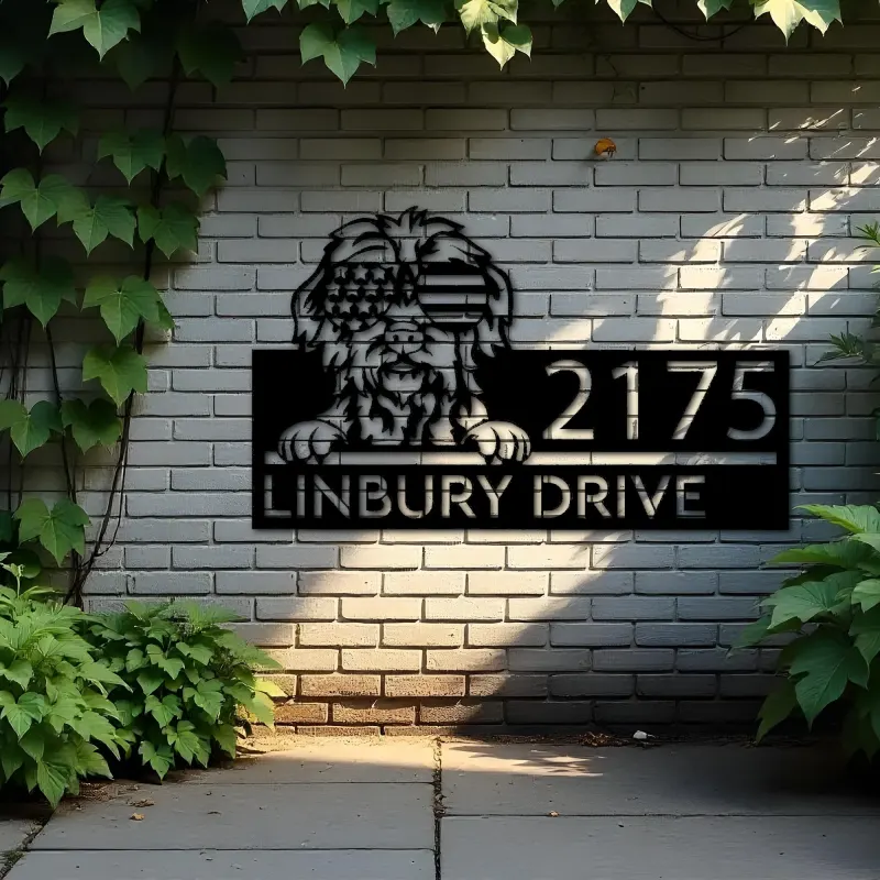 Custom Metal Wirehaired dog US flag glasses Metal Address Sign House number Hanging Address Plaque Yard Sign Outdoor decor