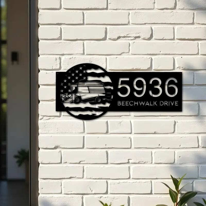Custom Metal Collage harvester US flag Farmer Metal Address Sign Custom House number Hanging Address Plaque Yard Sign Outdoor