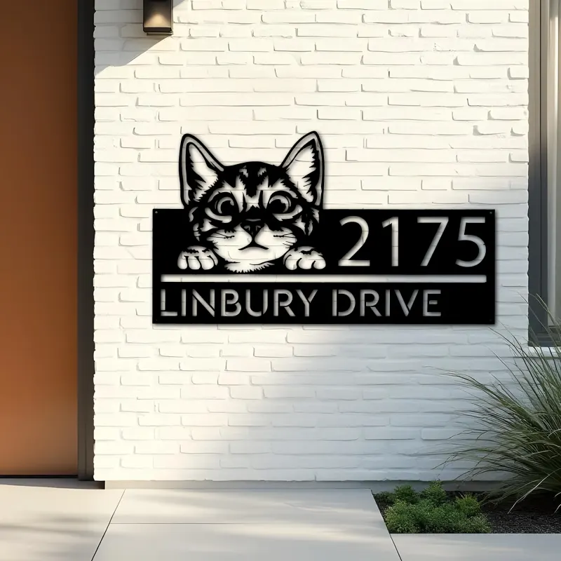 Custom Metal Cute peeking cat kitten pet Metal Address Sign, House number, Outdoor Number Signage, Yard Sign Address Plate