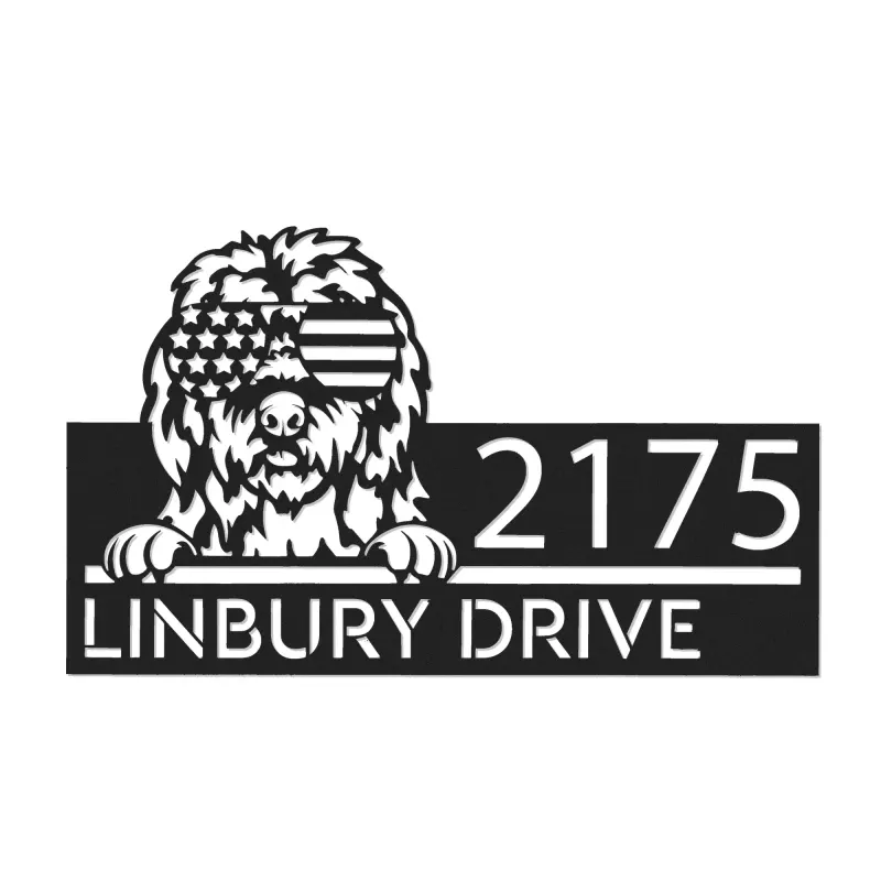 Custom Metal Old English Sheepdog US flag glasses Metal Address Sign House number Hanging Address Plaque Yard Outdoor decor