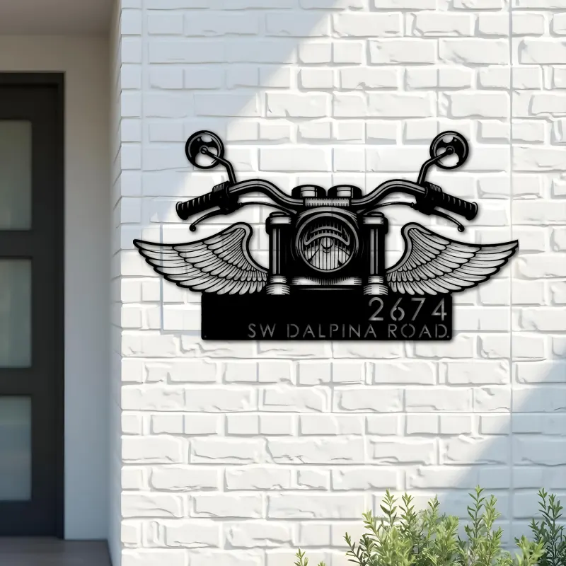 Custom Metal Biker Bike rider Motocycle with wings Metal Address Sign, House number, Outdoor Number Signage, Yard Sign Address Plate