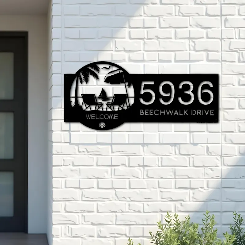 Custom Metal Palm Beach scene Metal Address Sign, House number, Outdoor Number Signage, Yard Sign Address Plate