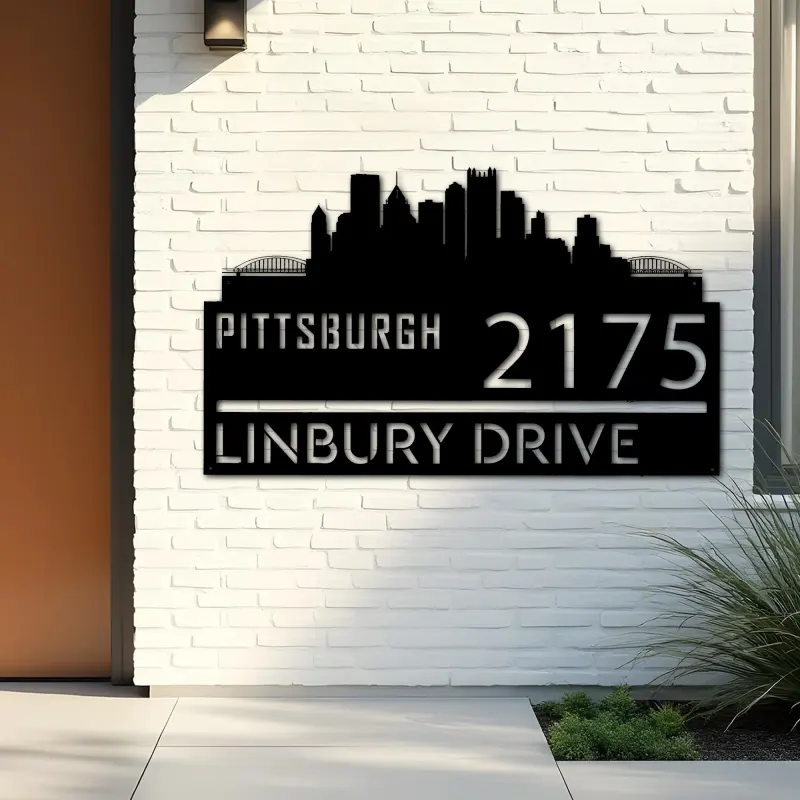 Custom Metal Pittsburgh city skyline Metal Address Sign Hanging Address Plaque house number Yard Outdoor Sign