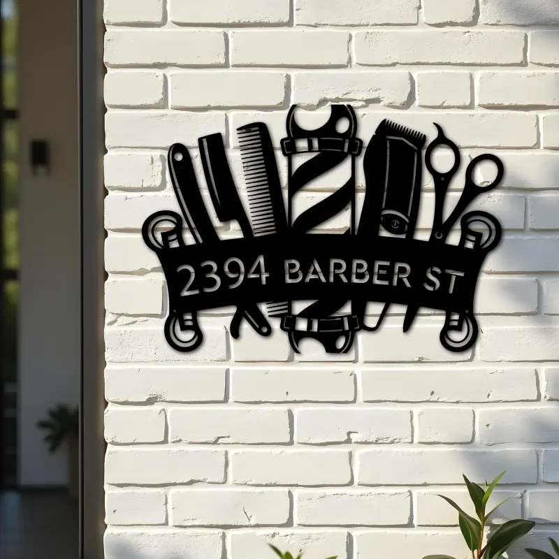 Custom Metal Barbershop Hair Stylist Barber Metal Address Sign, House number, Outdoor Number Signage, Yard Sign Address Plate