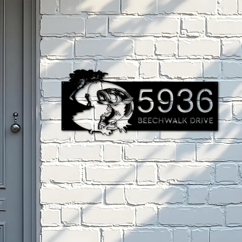 Custom Metal Bass fishing fisherman Metal Address Sign, House number, Outdoor Number Signage, Yard Sign Address Plate001