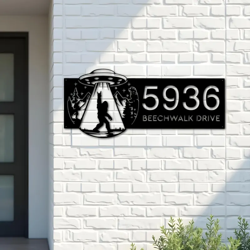 Custom Metal Bigfoot Sasquatch UFO Metal Address Sign, House number, Outdoor Number Signage, Yard Sign Address Plate