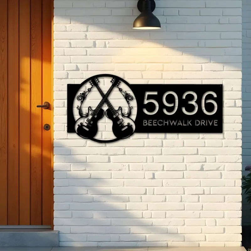 Custom Metal Electric guitar Guitarist Metal Address Sign Custom House number Hanging Address Plaque Yard Sign Outdoor
