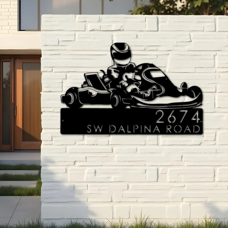 Custom Metal Go kart driver racing Metal Address Sign, House number, Outdoor Number Signage, Yard Sign Address Plate