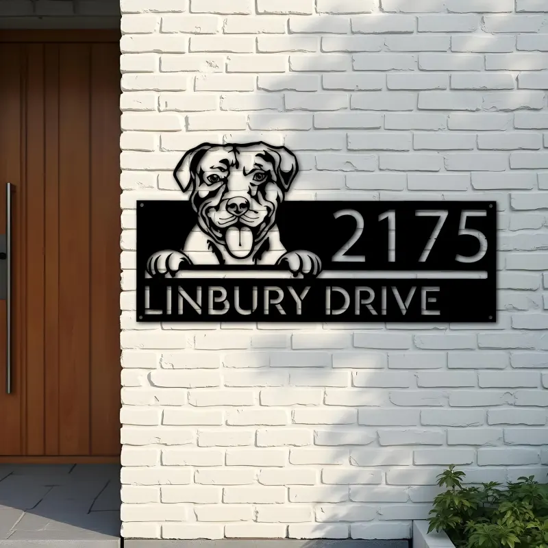 Custom Metal American Pitbull dog cute puppy Metal Address Sign House number Hanging Address Plaque Yard Sign Outdoor decor