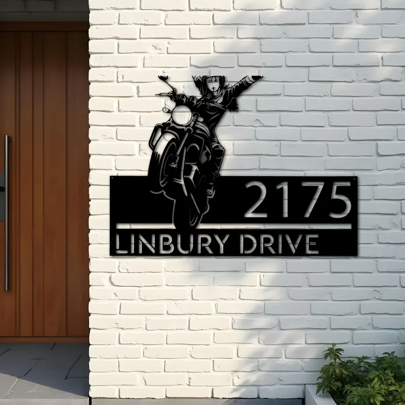 Custom Metal Girl biker bike rider Metal Address Sign, House number, Outdoor Number Signage, Yard Sign Address Plate