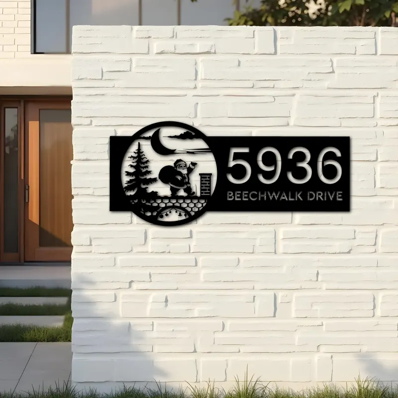 Custom Metal Greeting Santa with Presents Metal Address Sign, House number, Outdoor Number Signage, Yard Sign Address Plate