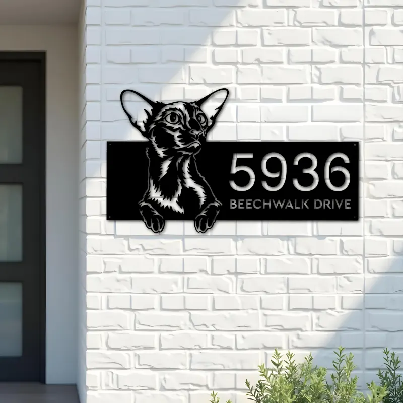 Custom Metal Oriental Shorthair Cute peeking cat Metal Address Sign, House number, Outdoor Number Signage, Yard Sign Address Plate