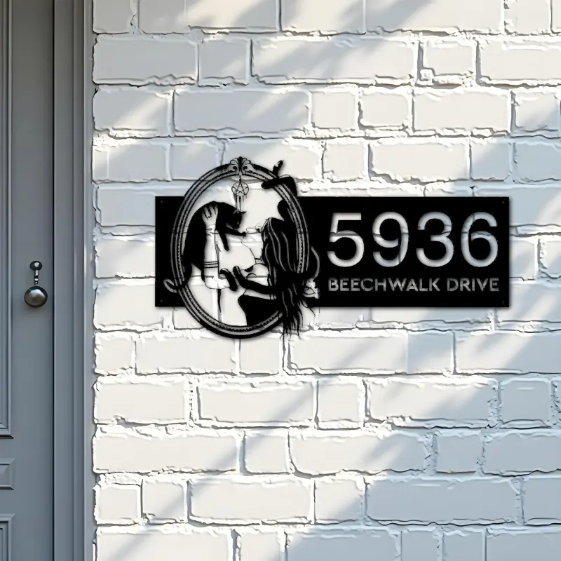 Custom Metal Witch and black cat Metal Address Sign House number Hanging Address Plaque Yard Outdoor Sign