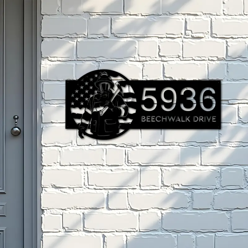 Custom Metal Fireman Fire Fighter US flag Metal Address Sign House number Hanging Address Plaque Yard Sign Outdoor