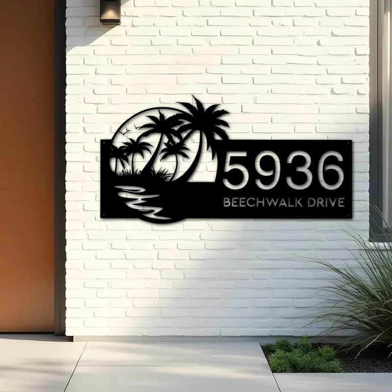 Custom Metal Beach Scene Summer Palm Tree Metal Address Sign, House number, Outdoor Number Signage, Yard Sign Address Plate