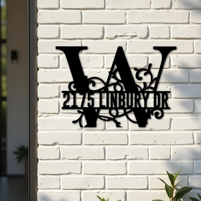 Custom Metal Floral Monogram Split Letter W Metal Address Sign House number Hanging Address Plaque Yard Sign Outdoor decor
