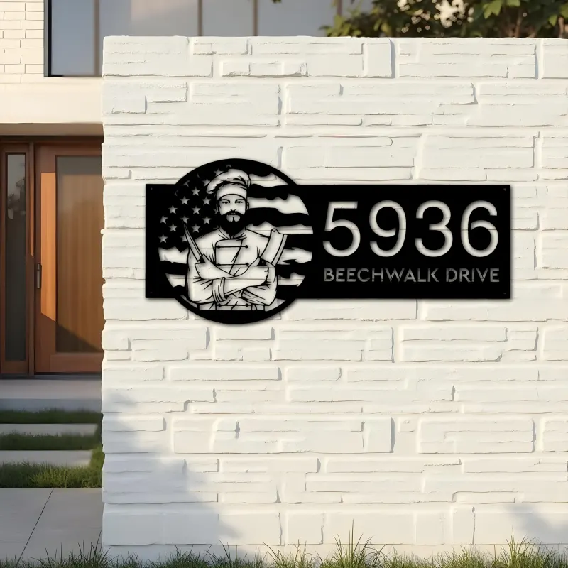 Custom Metal Chef cook cooking US flag Metal Address Sign, House number, Outdoor Number Signage, Yard Sign Address Plate